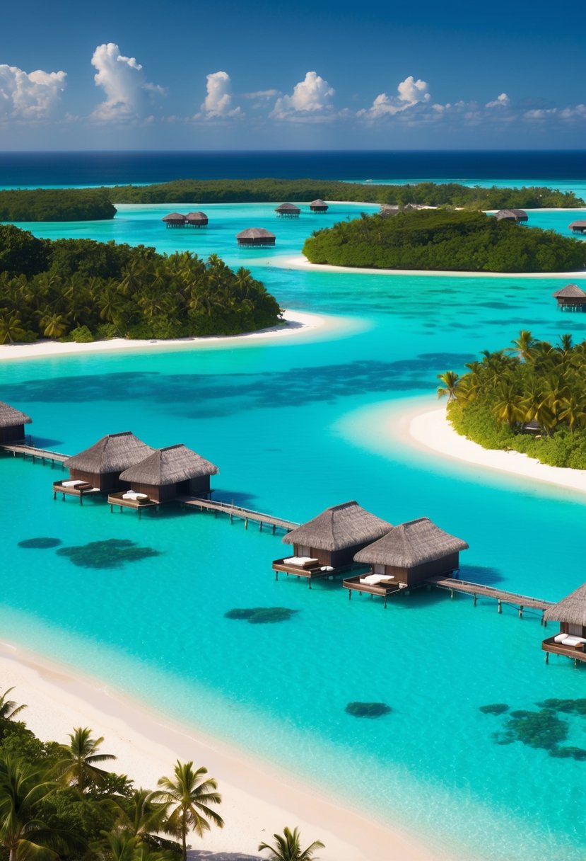 Azure lagoon surrounded by lush, palm-covered islets. White sand beaches and crystal-clear waters. Luxurious overwater bungalows dot the horizon