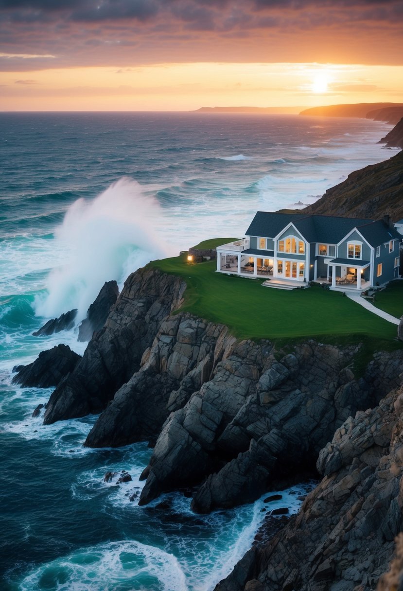 A cozy, modern inn perched on rocky cliffs overlooking the wild Atlantic Ocean. Waves crash against the shore as the sun sets behind the rugged landscape