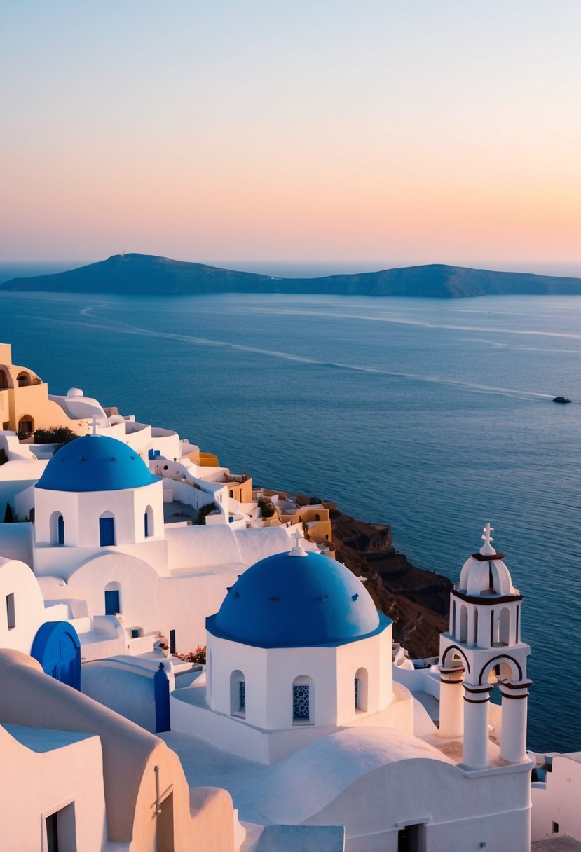 A sunset over the white buildings and blue domes of Santorini, with the calm sea stretching out to the horizon