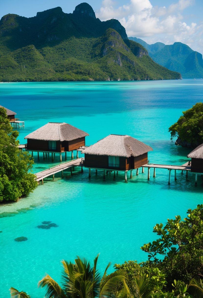 Clear turquoise waters surround overwater bungalows on stilts, with lush green mountains in the background