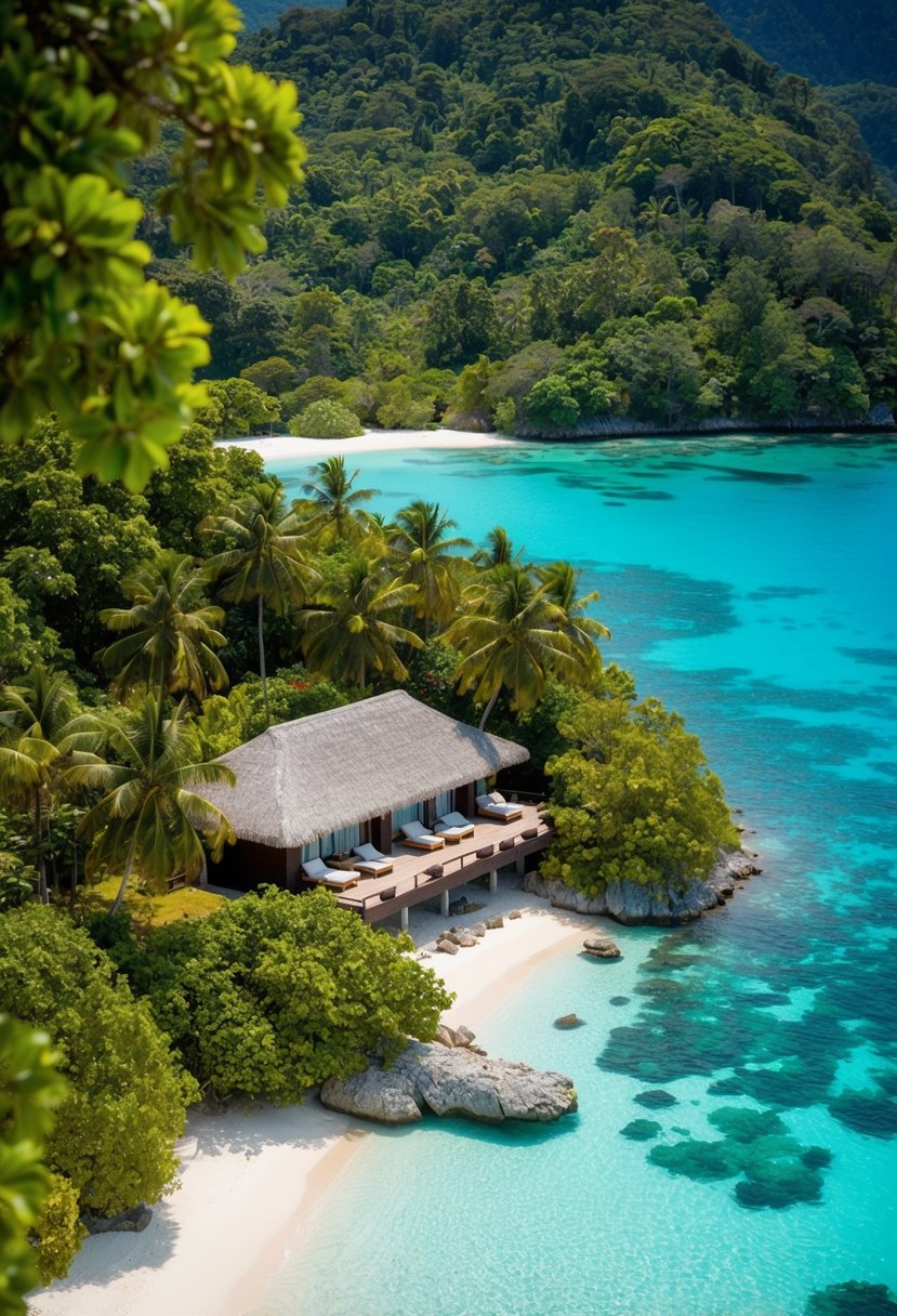 A secluded lodge on a tropical island, surrounded by lush greenery and overlooking crystal clear waters
