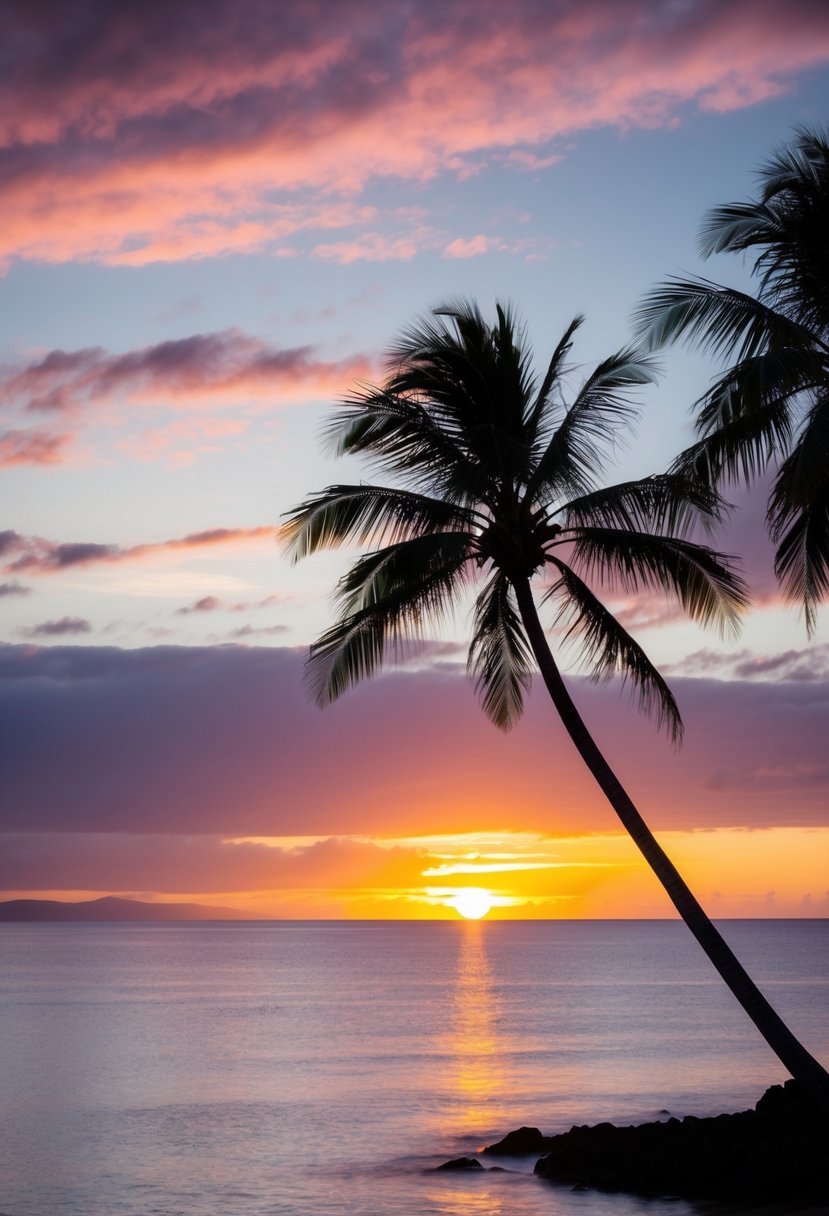 A breathtaking sunset over the calm waters of Maui, Hawaii, with palm trees silhouetted against the colorful sky