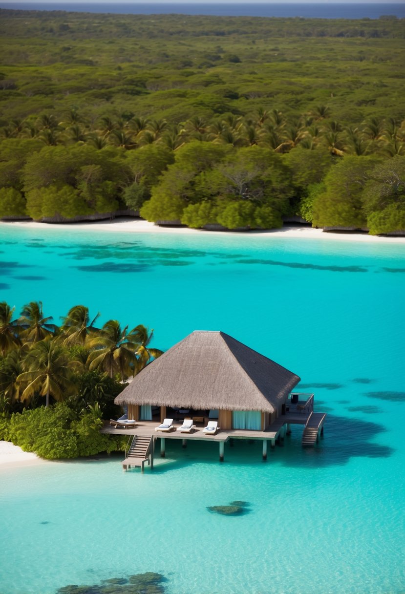 A serene overwater villa at Huvafen Fushi, surrounded by crystal-clear turquoise waters and lush greenery