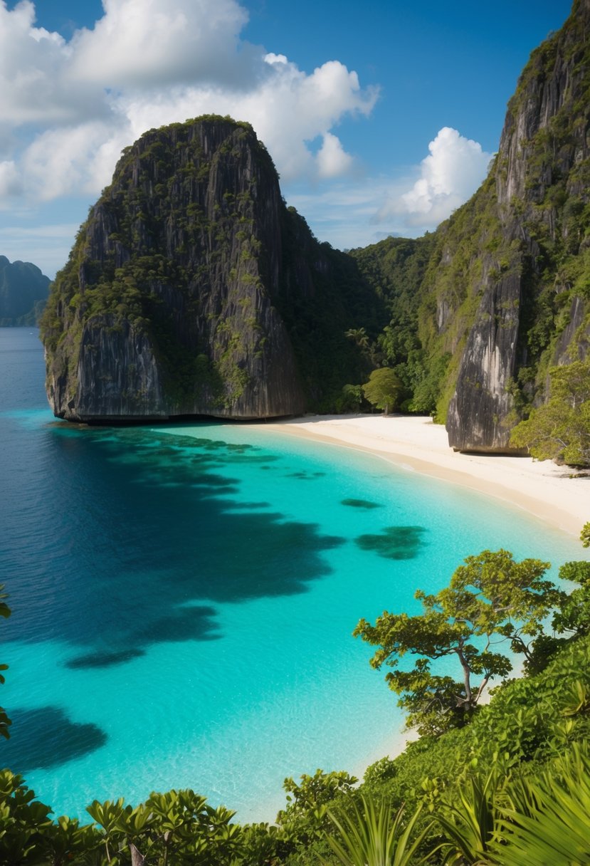 A secluded beach with crystal-clear waters and lush greenery, surrounded by towering limestone cliffs in Palawan, Philippines
