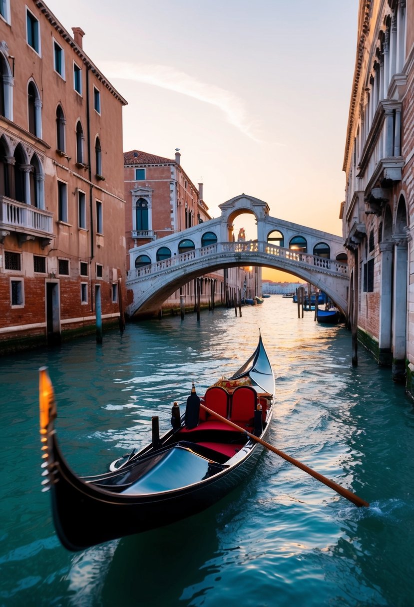 A gondola glides through the narrow canals of Venice, passing by ancient buildings and under charming bridges in the soft glow of sunset