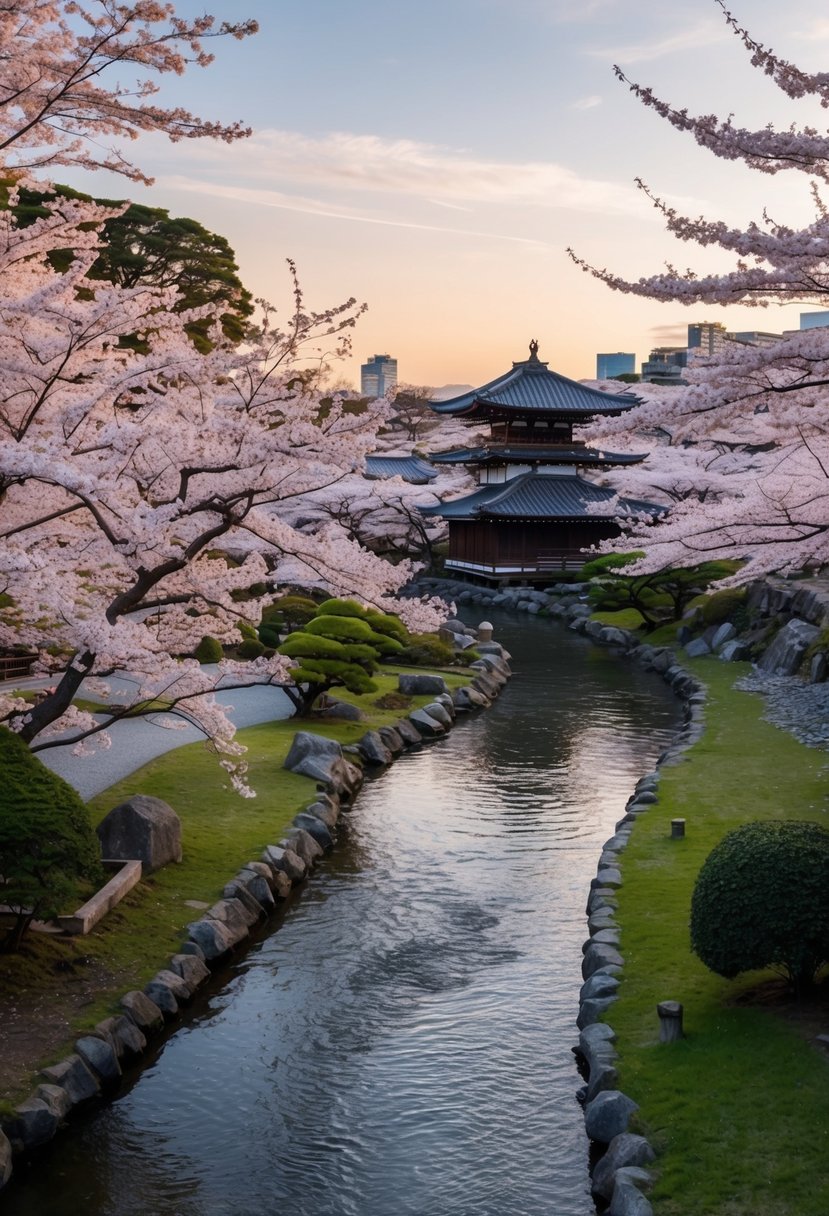 A serene garden with cherry blossoms, a traditional tea house, and a peaceful river flowing through the ancient city of Kyoto, Japan
