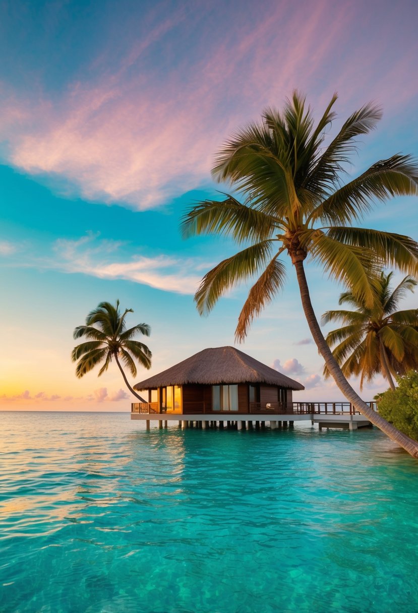 A secluded overwater bungalow at sunset, surrounded by crystal-clear turquoise waters and palm trees, with a colorful sky and a gentle breeze