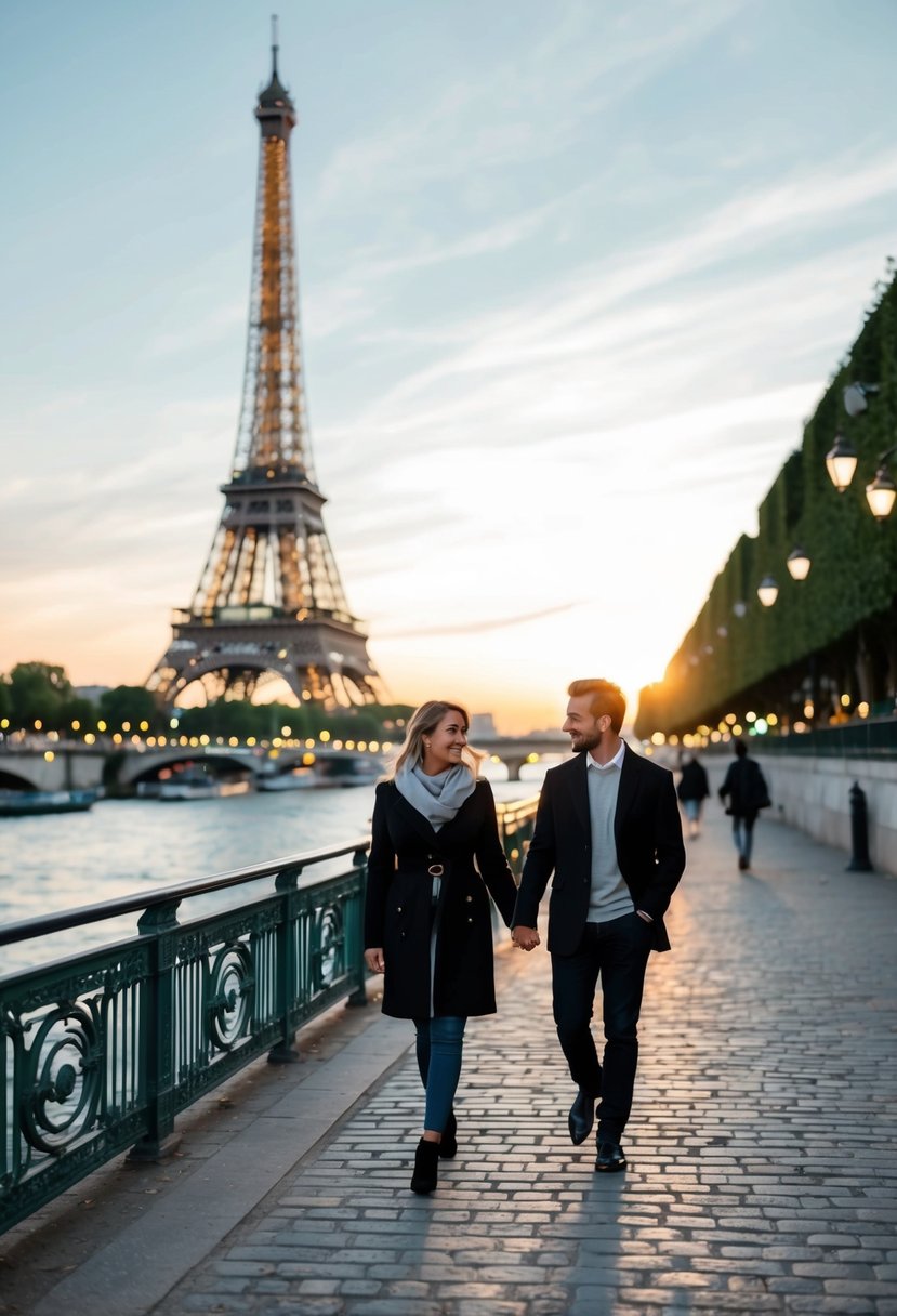 A couple strolling along the Seine River at sunset, with the Eiffel Tower in the background and the city lights twinkling
