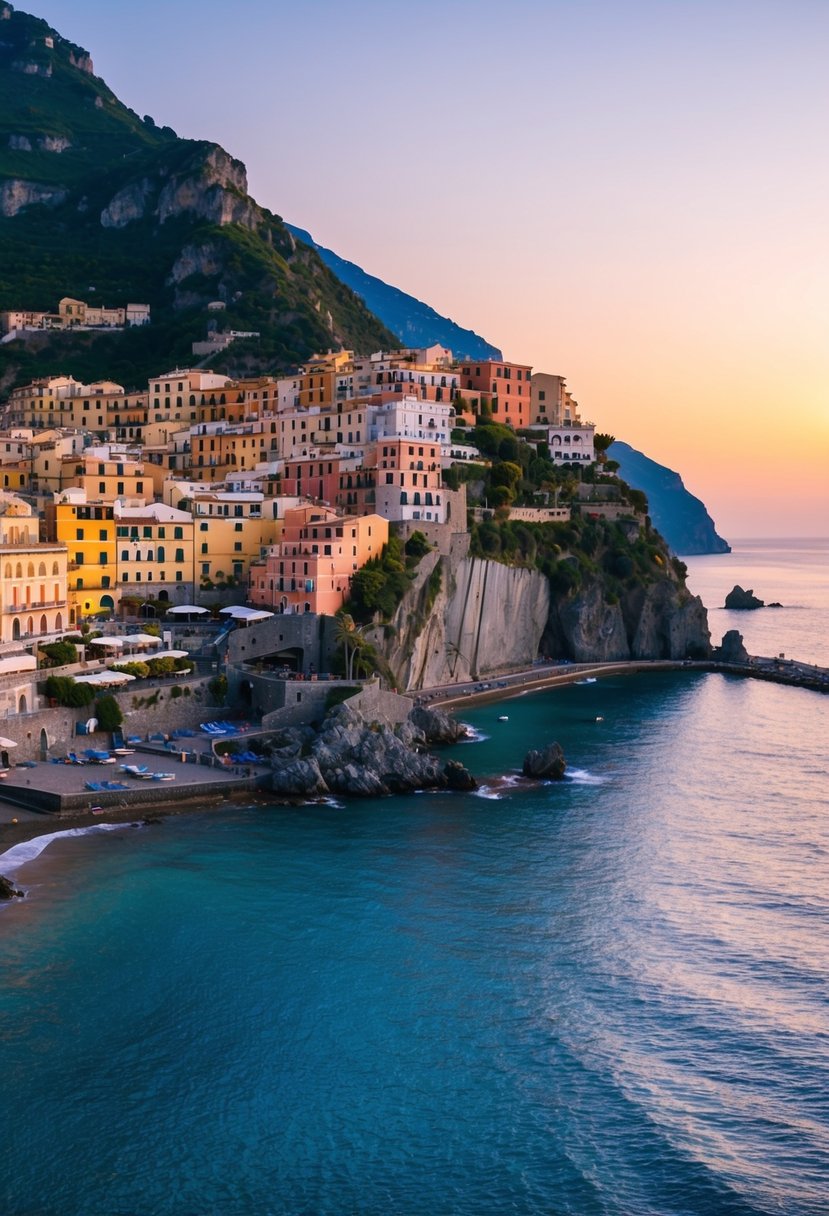 A sunset over the Amalfi Coast, with colorful buildings perched on cliffs and a calm sea below