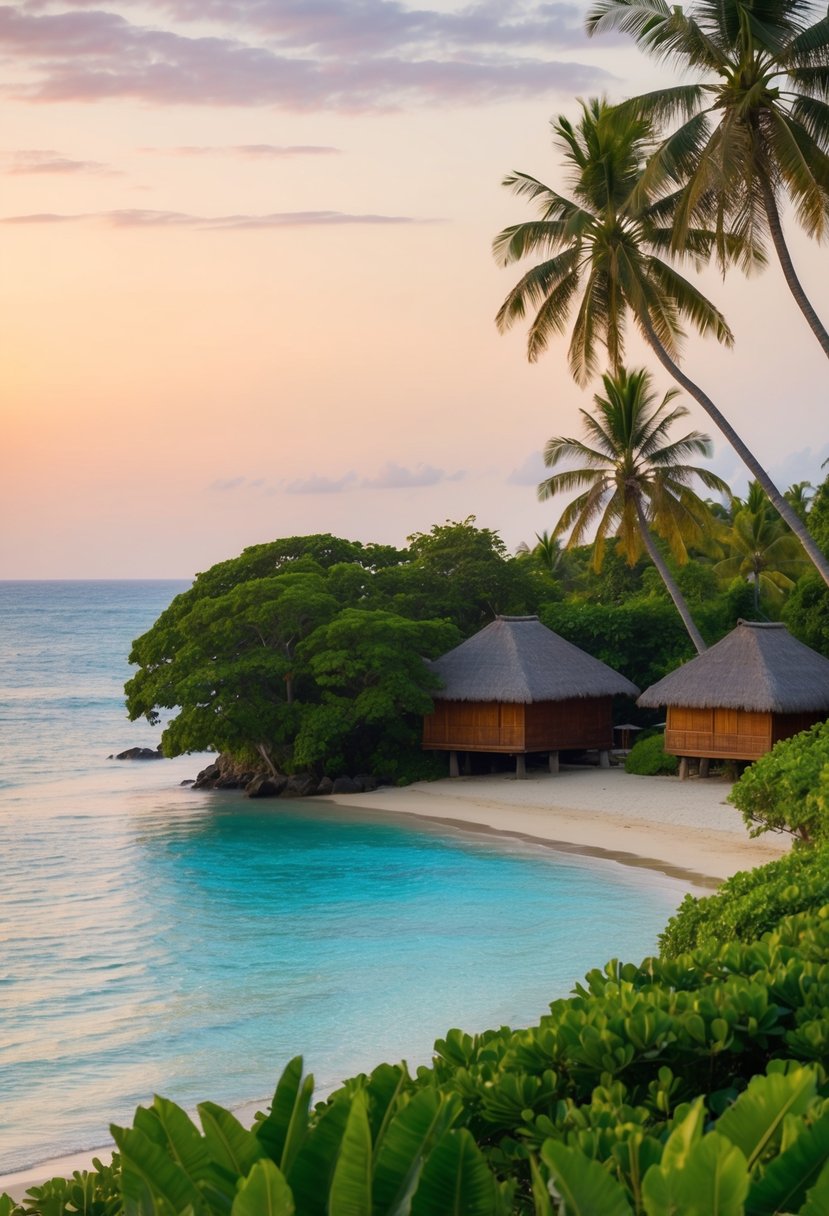 A secluded beach at sunset, with palm trees, clear blue water, and a couple of traditional Balinese huts nestled among the lush greenery