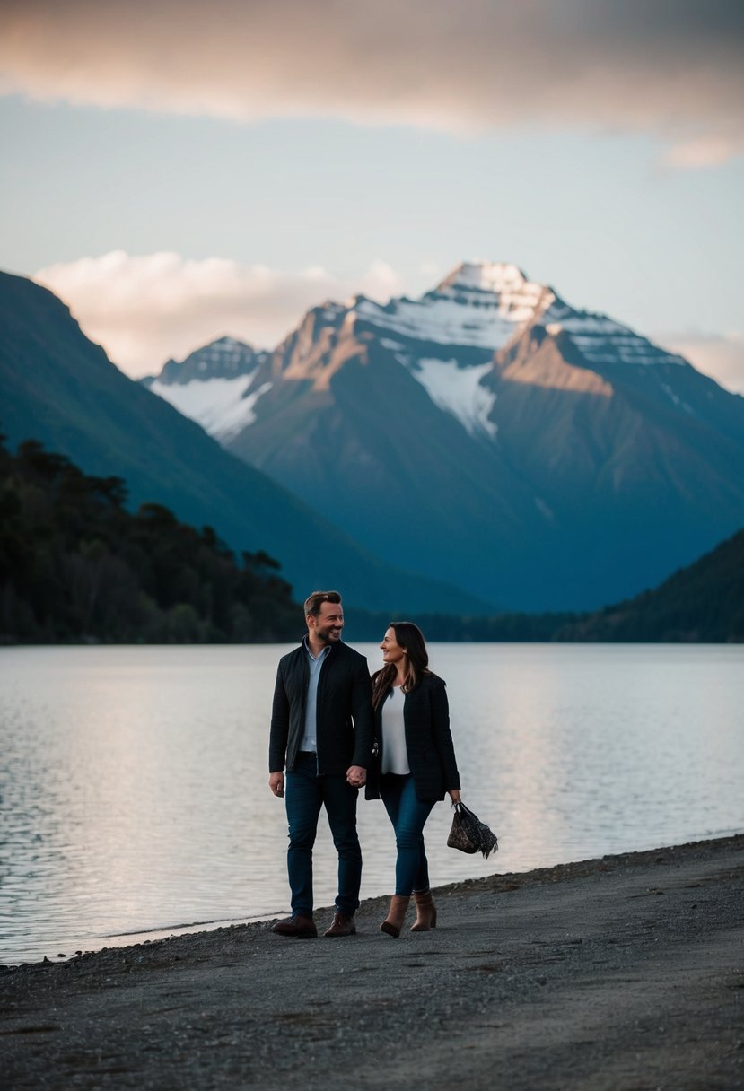 A couple strolling along the tranquil shores of Lake Wakatipu with the Remarkables mountain range in the background