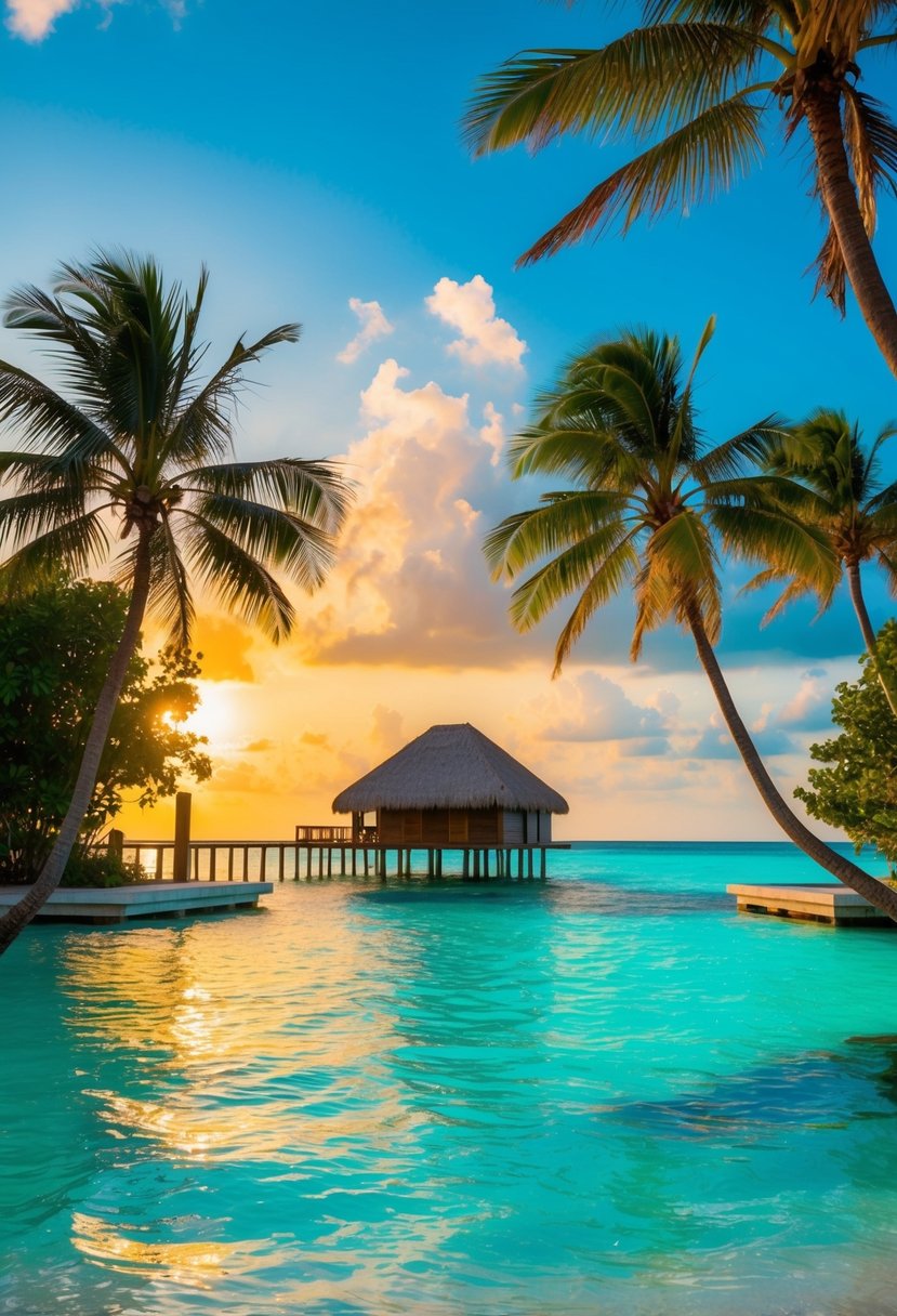 A secluded overwater bungalow at sunset, surrounded by crystal-clear turquoise waters and a colorful sky, with palm trees swaying in the gentle breeze