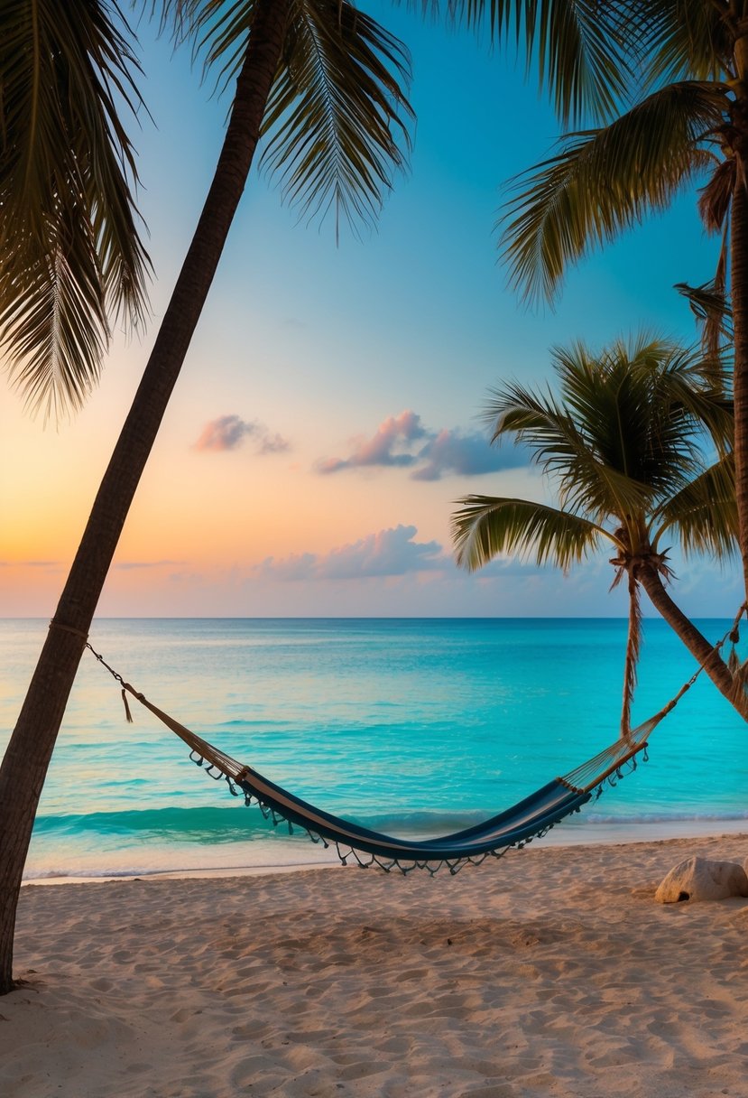 A secluded beach at sunset with palm trees, a hammock, and a view of the turquoise ocean in Tulum, Mexico