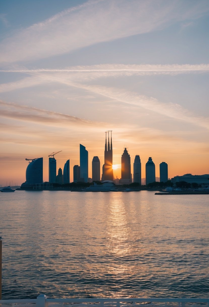 A serene sunset over the iconic Barcelona skyline, with the shimmering Mediterranean Sea in the background, creating a romantic atmosphere for honeymooners