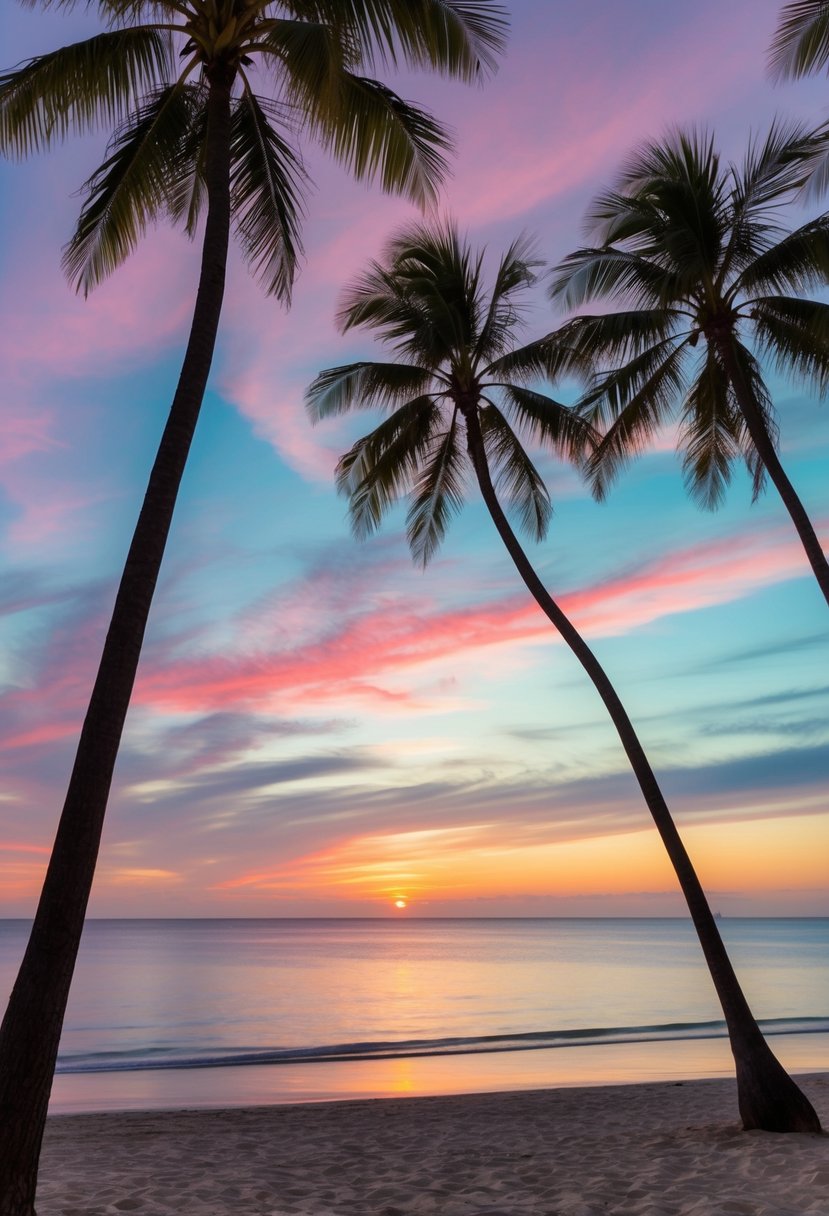 A serene beach at sunset, with palm trees swaying in the gentle breeze and a colorful sky reflecting in the calm waters