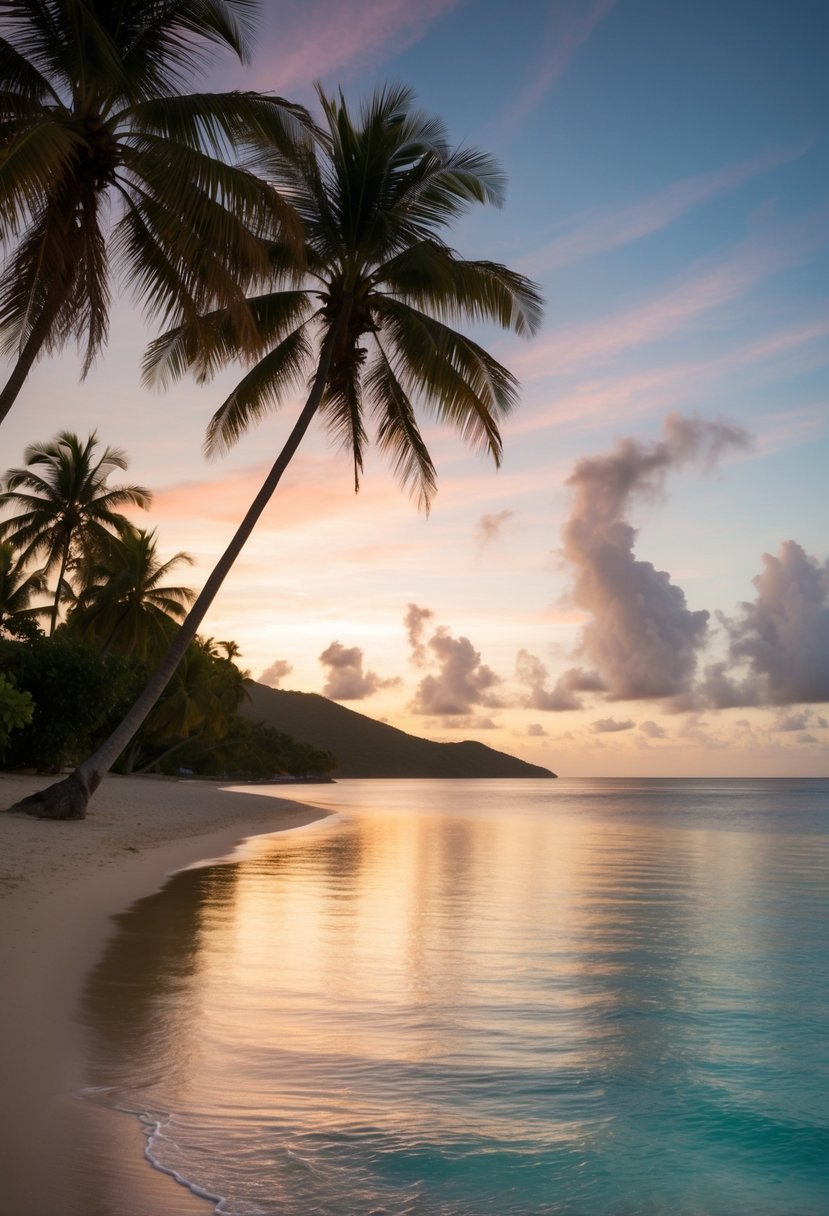 A secluded beach at sunset, palm trees swaying in the warm breeze, with a colorful sky reflecting on the calm, crystal-clear waters of St. Lucia