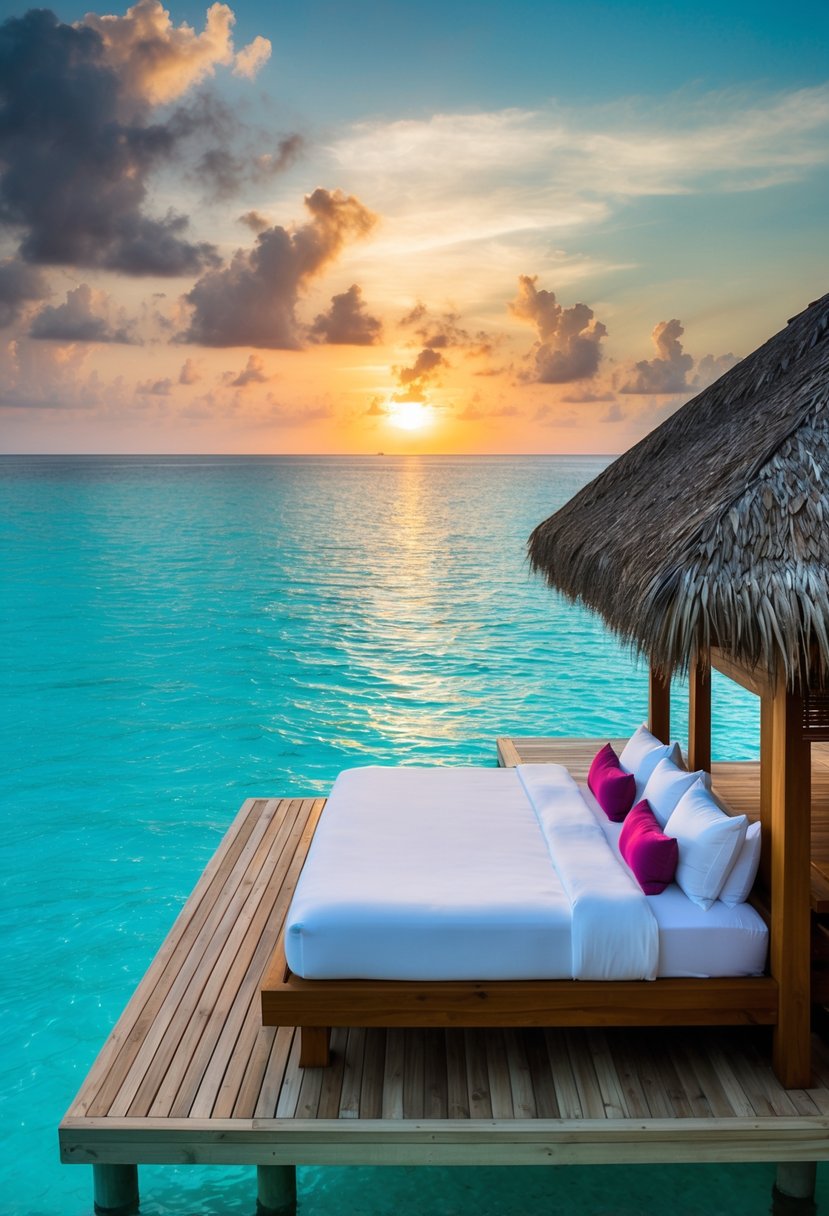 A private overwater villa at Gili Lankanfushi Maldives, with a luxurious bed, crystal-clear turquoise waters, and a stunning sunset view