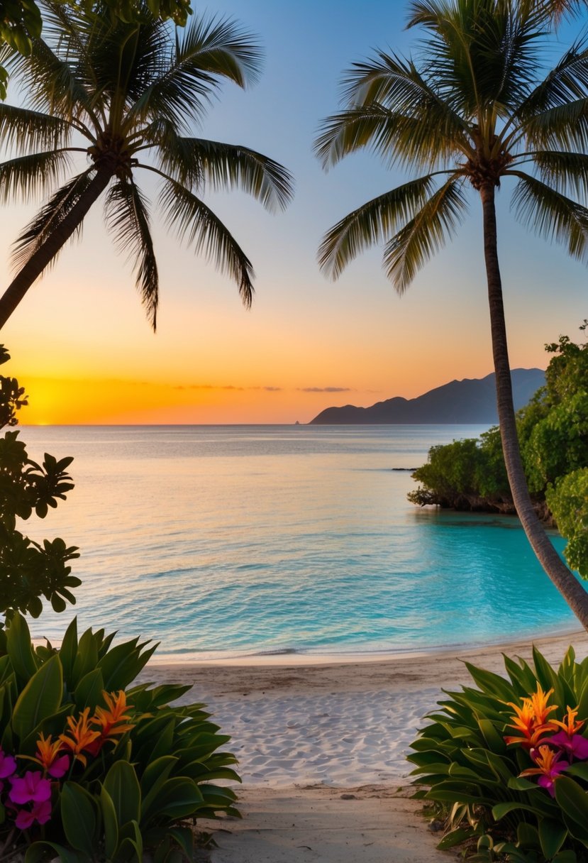 A secluded beach at sunset, with palm trees and crystal-clear waters, surrounded by lush greenery and colorful tropical flowers