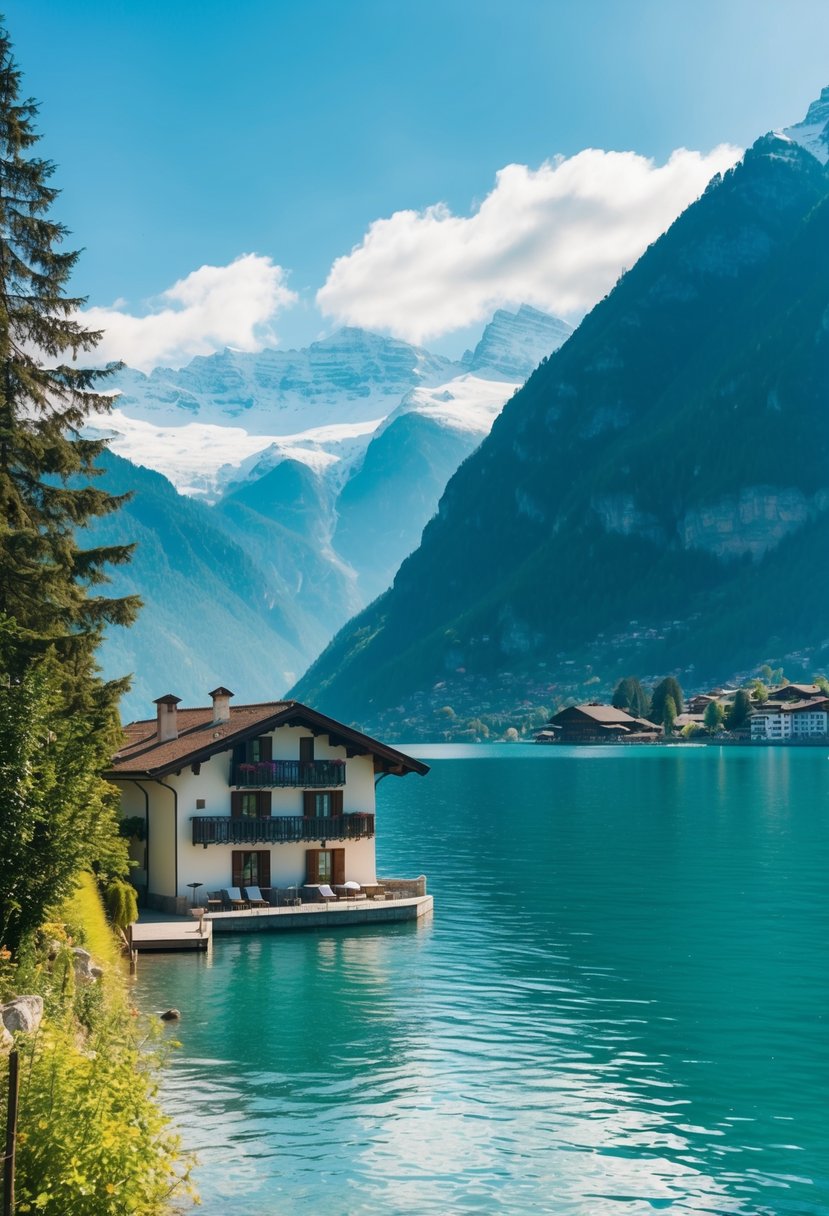 A serene lakeside haven in Switzerland, with a charming chalet overlooking the pristine waters of Lake Geneva. The snow-capped Alps rise majestically in the distance, creating a picturesque backdrop for a romantic honeymoon destination