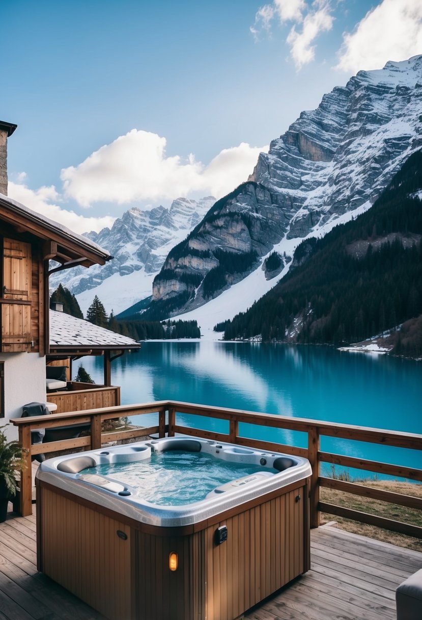 A cozy chalet nestled in the Swiss Alps, surrounded by snow-capped mountains and pristine lakes, with a hot tub on the deck