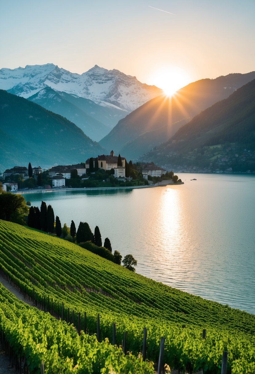 Rolling hills of lush green vineyards overlook Lake Geneva in Montreux, Switzerland. The sun sets behind snow-capped mountains, casting a warm glow over the picturesque landscape