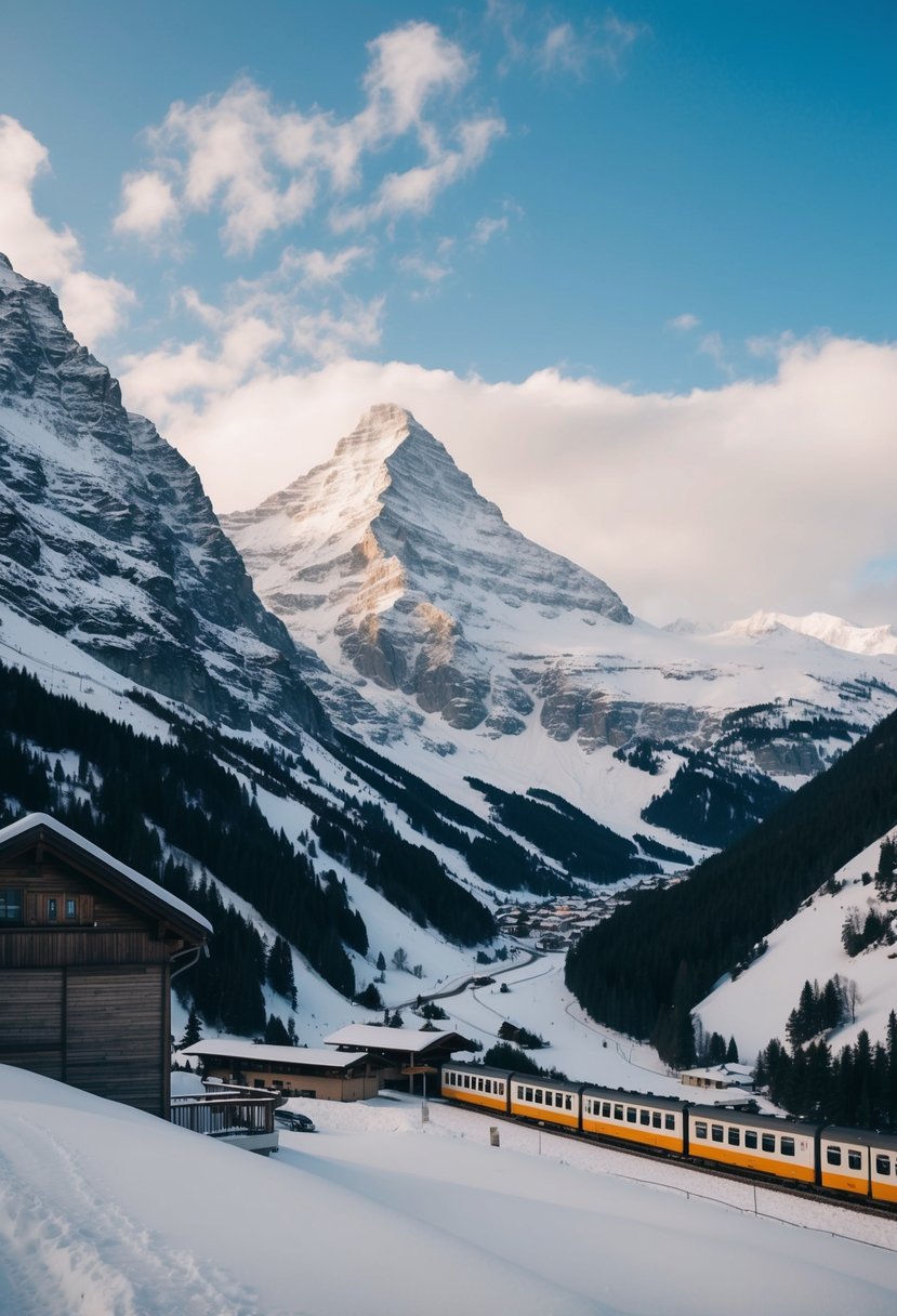 A snowy mountain peak overlooks a serene alpine valley, with a small train station nestled in the valley below