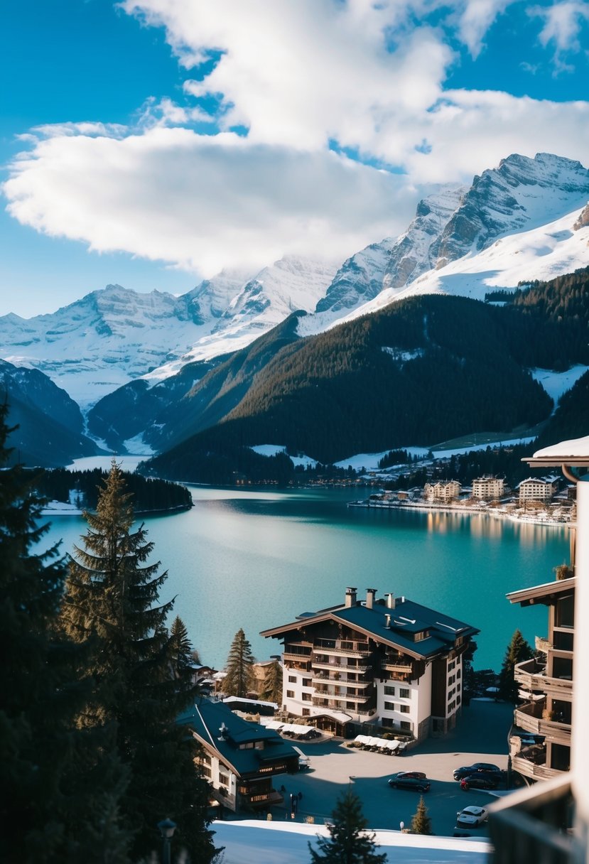 A luxurious alpine resort with snow-capped mountains, pristine lakes, and elegant chalets nestled in the picturesque Swiss town of St. Moritz