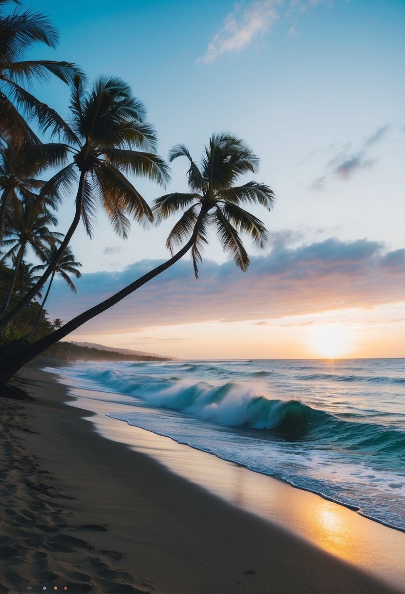 A serene beach at sunset, with palm trees swaying in the gentle breeze and the sound of waves crashing against the shore in Maui, Hawaii