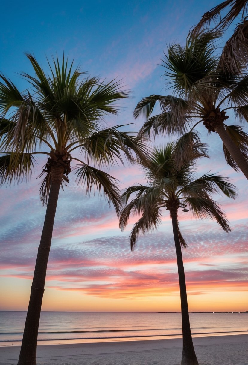 A serene beach at sunset in Charleston, South Carolina, with palm trees, calm waters, and a colorful sky