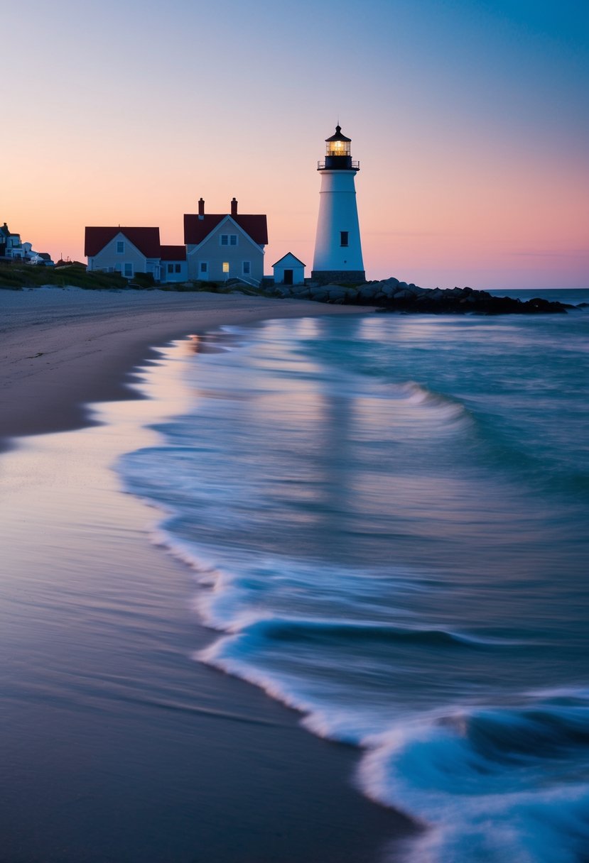 A serene beach at Kennebunkport, Maine with a picturesque lighthouse, calm ocean waves, and a colorful sunset