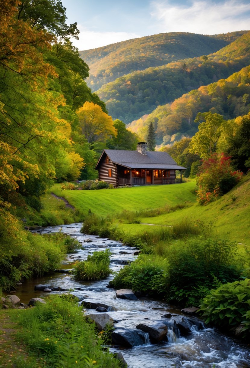 A cozy cabin nestled in the lush, rolling hills of the Hudson Valley, with a bubbling stream and colorful foliage
