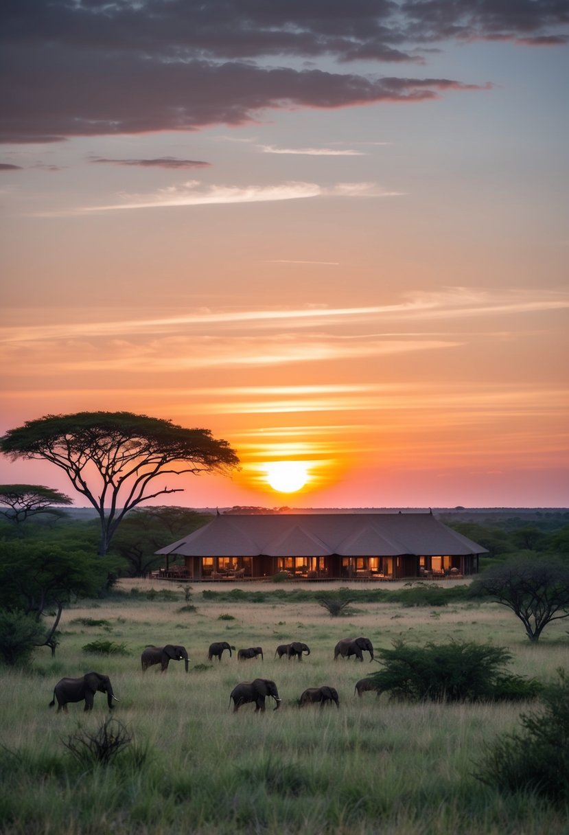 A serene sunset over the Sabi Sands Game Reserve, with a luxurious safari lodge nestled among the lush greenery and wildlife roaming freely