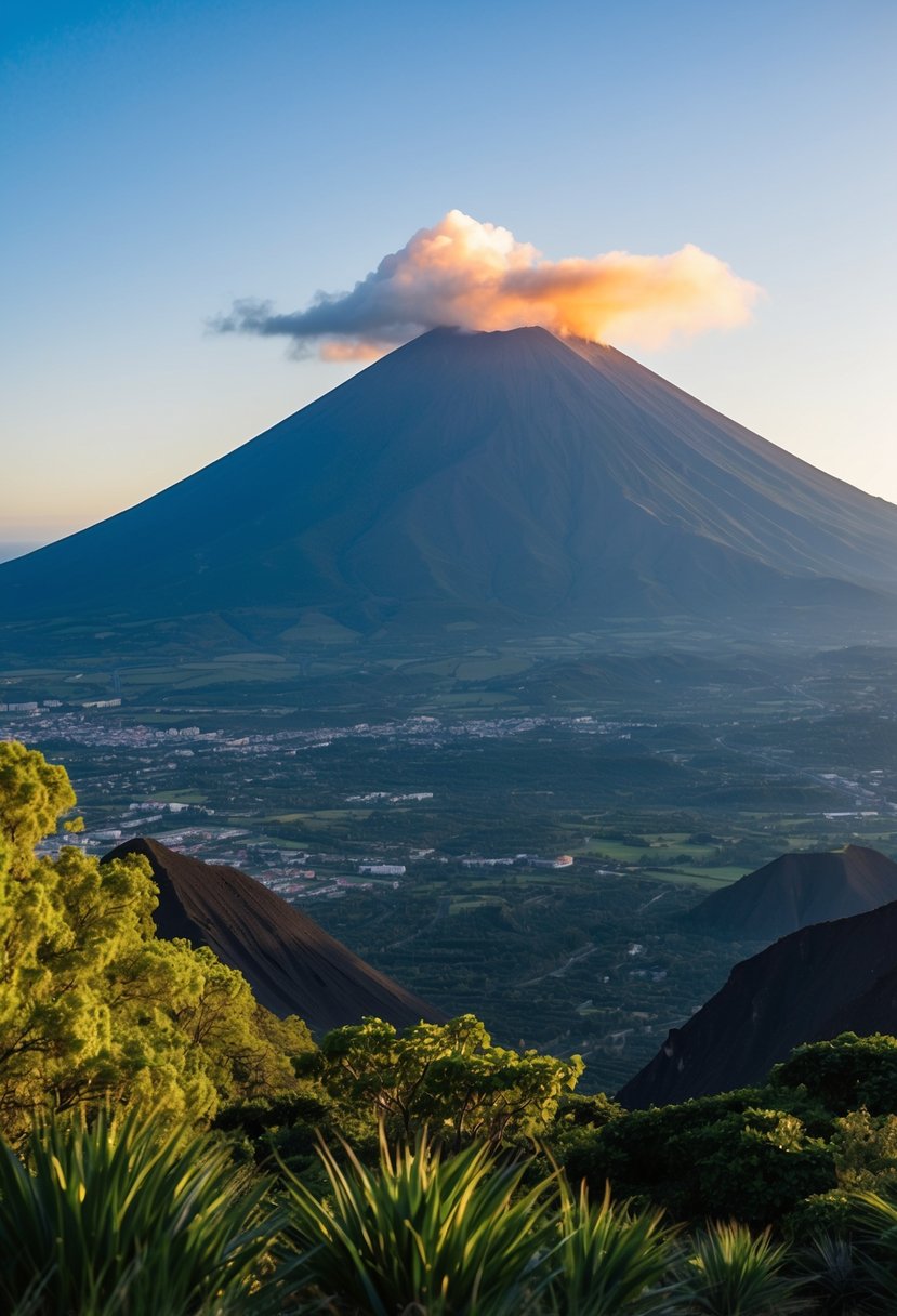 A majestic volcano looms over Tenerife, with lush greenery and a clear blue sky in the background