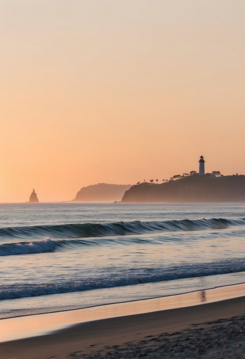 A serene beach at Robberg Nature Reserve with a golden sunset, calm waves, and a silhouette of a distant lighthouse