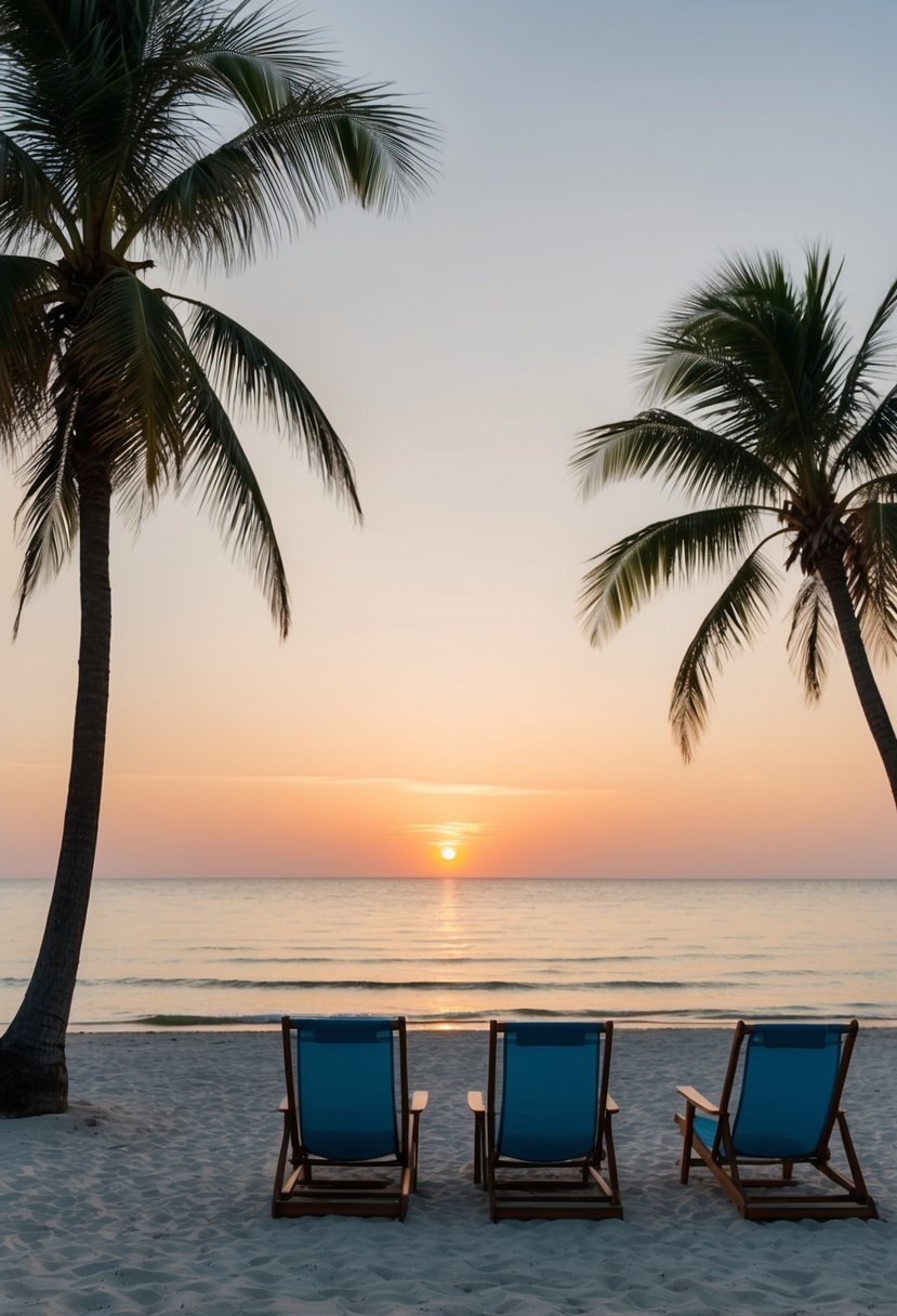 A serene beach at sunset, with palm trees, a calm ocean, and a couple of beach chairs facing the water