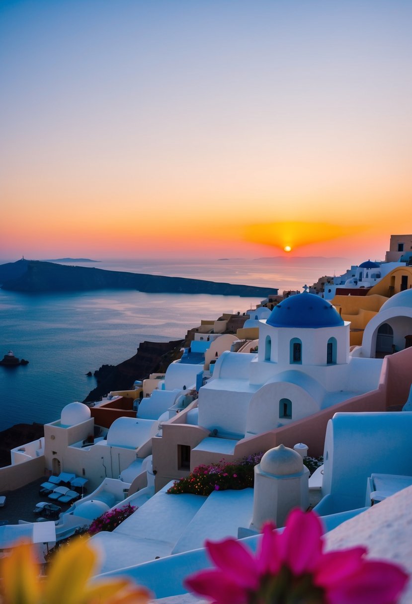 A romantic sunset over the white-washed buildings of Santorini, with the deep blue sea in the background and colorful flowers in the foreground