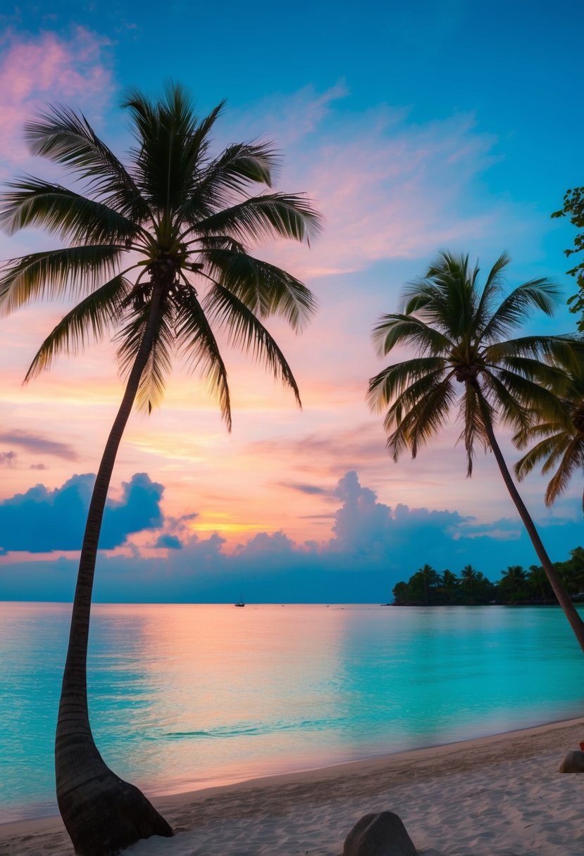 A tranquil beach at sunset, with palm trees, clear blue water, and a colorful sky in Bali, Indonesia