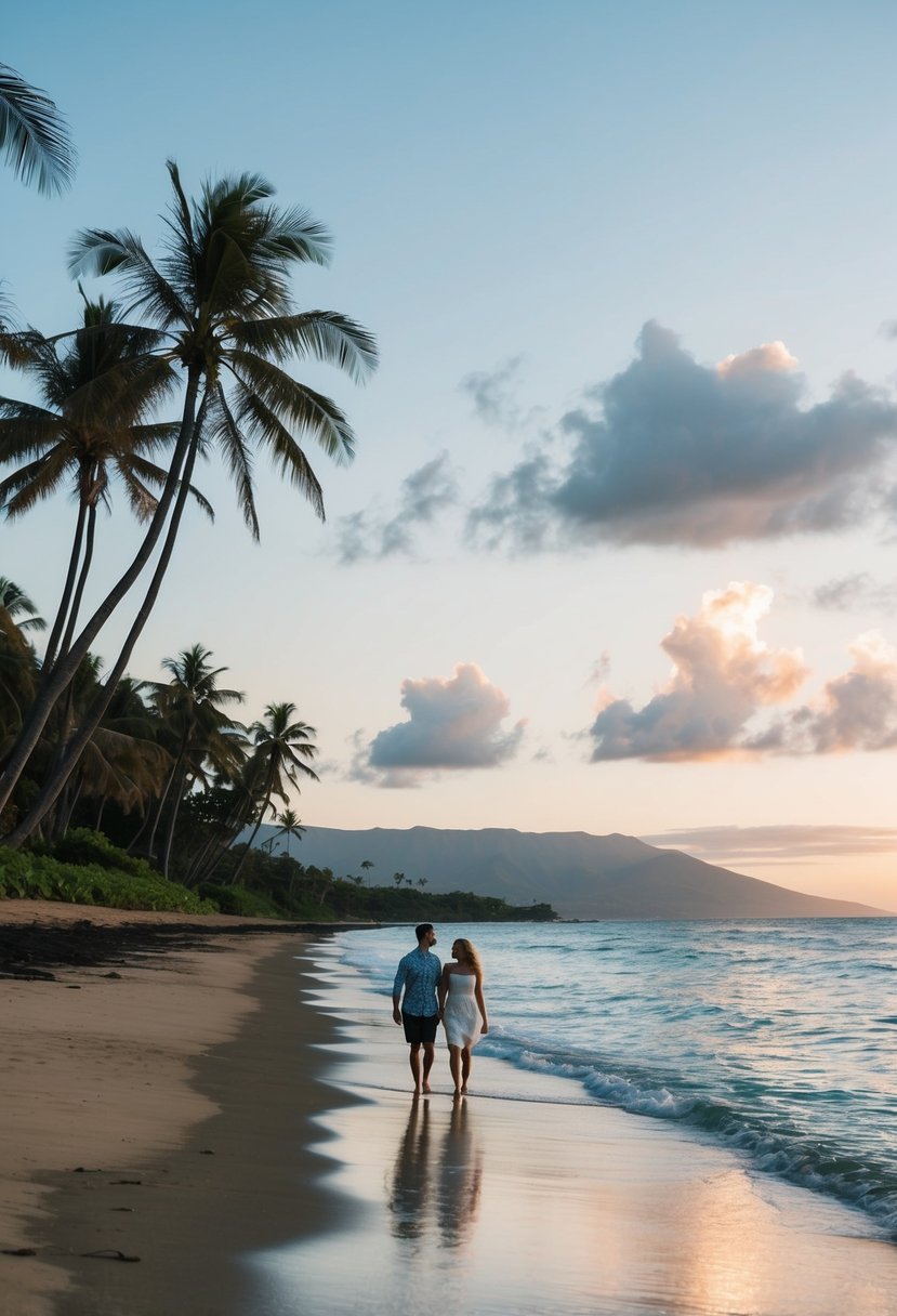 A serene beach at sunset in Maui, Hawaii with palm trees, clear blue water, and a couple walking hand in hand along the shore