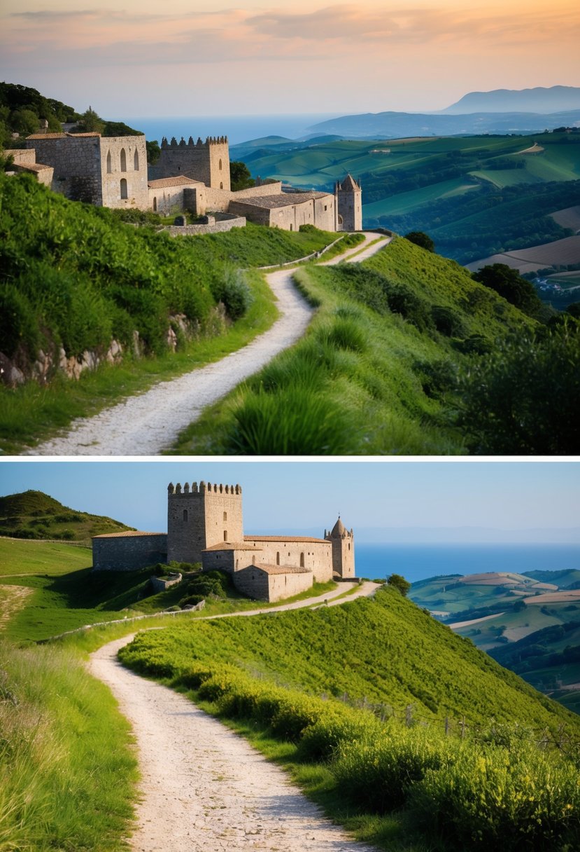 A scenic view of the Camino de Santiago trail in Galicia, Spain, with lush green landscapes, historic stone buildings, and a winding path leading into the distance