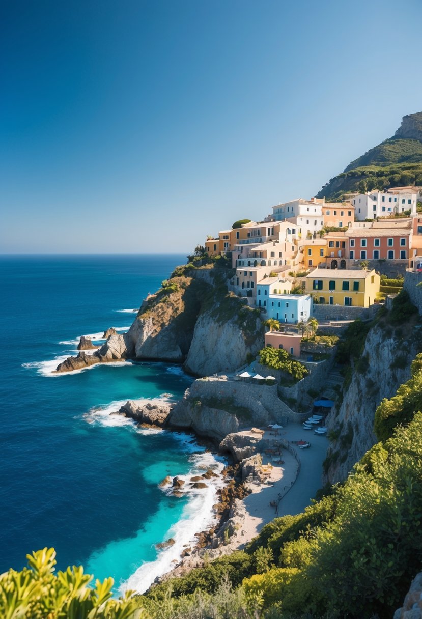 A cliffside villa overlooks azure waters, with colorful buildings cascading down the rugged coastline. Sunlight bathes the picturesque scene, framed by lush greenery and a clear blue sky