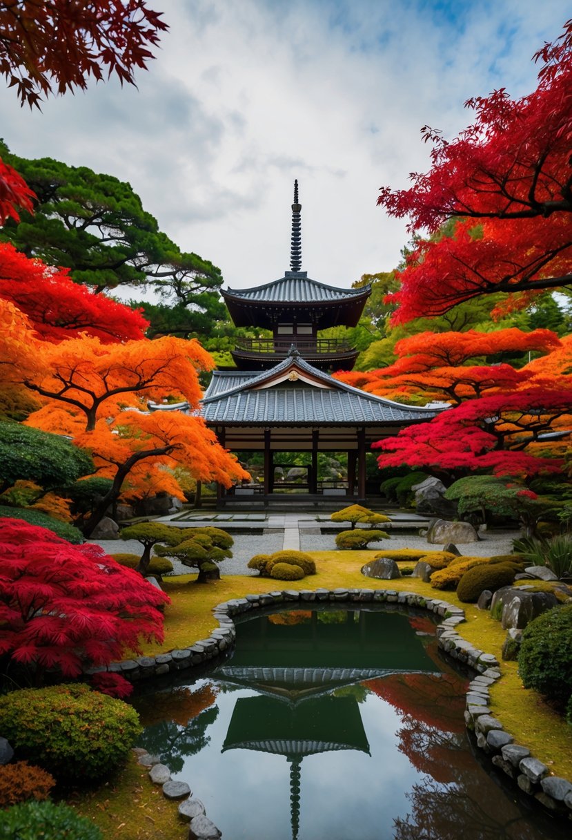 A traditional Japanese garden in Kyoto, with vibrant red and orange foliage, a serene koi pond, and a pagoda in the background