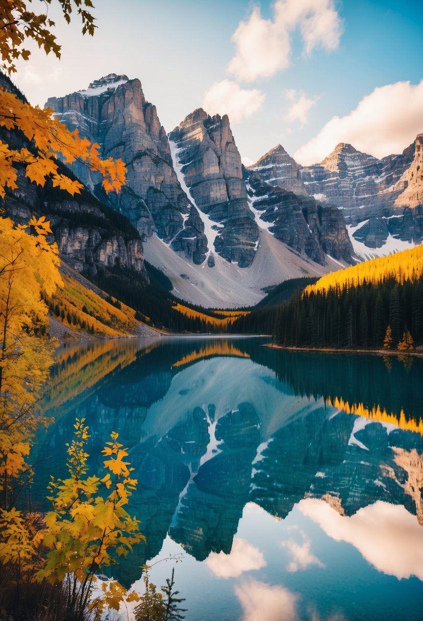 A serene lake surrounded by majestic mountains in Banff, Canada, with colorful autumn foliage reflecting in the water