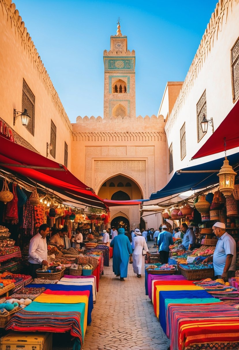 A vibrant Marrakech marketplace with colorful textiles, bustling vendors, and intricate architecture under a clear blue September sky