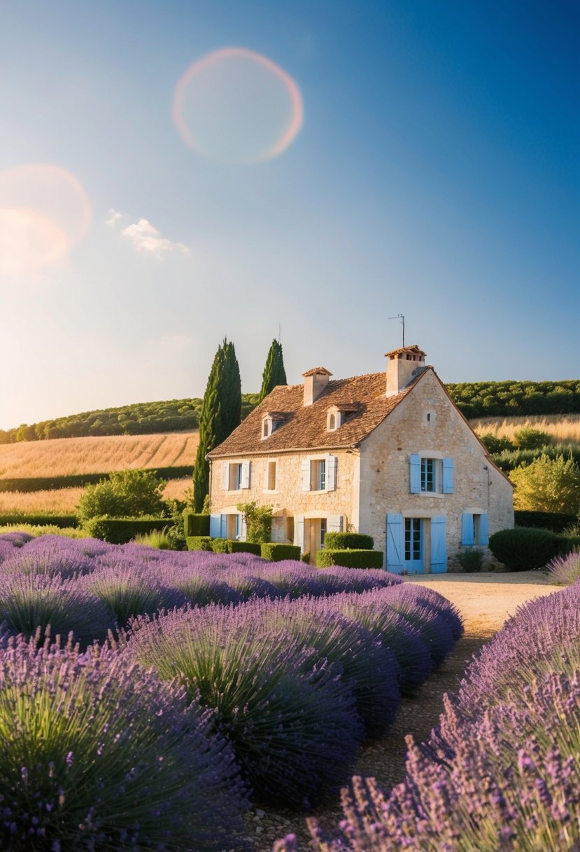 A cozy stone cottage nestled among vibrant lavender fields in Provence, France, with a clear blue sky and warm September sun
