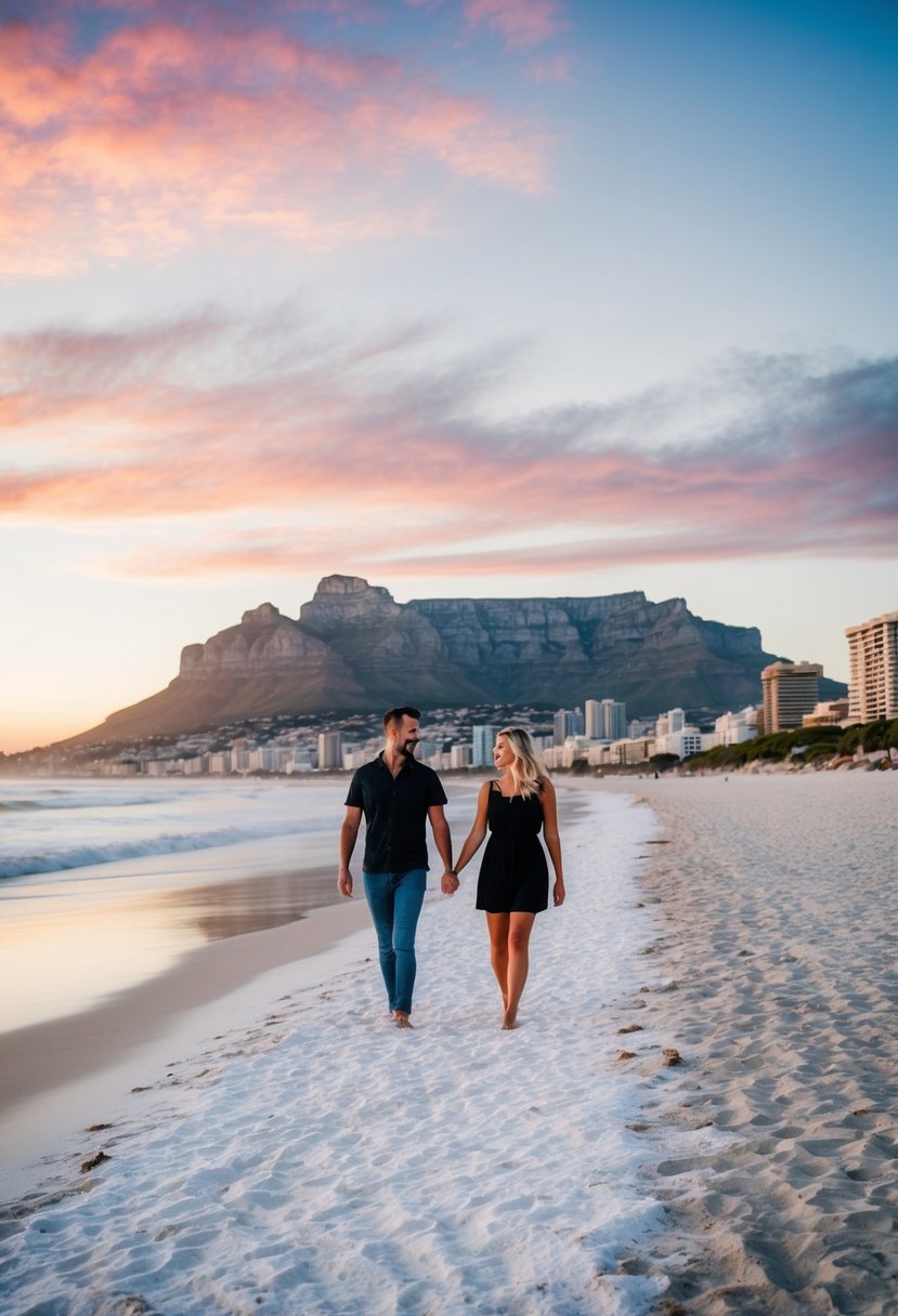 A couple strolling along the white sandy beaches of Cape Town, with Table Mountain in the background and a colorful sunset painting the sky