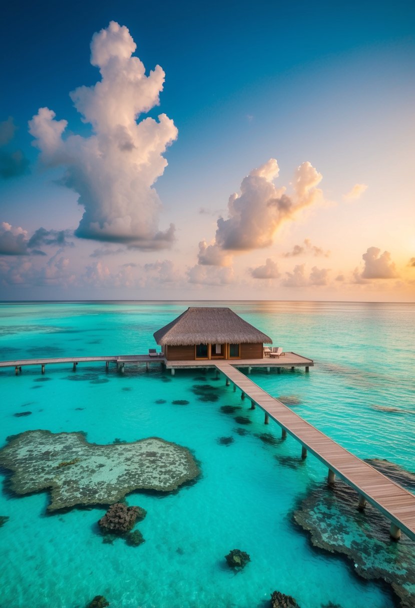 A secluded overwater bungalow in the Maldives, surrounded by crystal-clear turquoise water and vibrant coral reefs, with a breathtaking sunset in the background