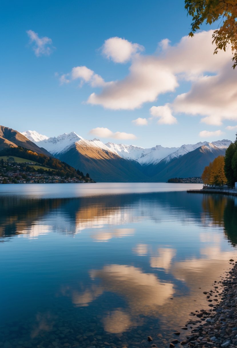 A serene lakeside view of Queenstown, New Zealand in September, with snow-capped mountains in the distance and colorful foliage reflecting in the calm waters