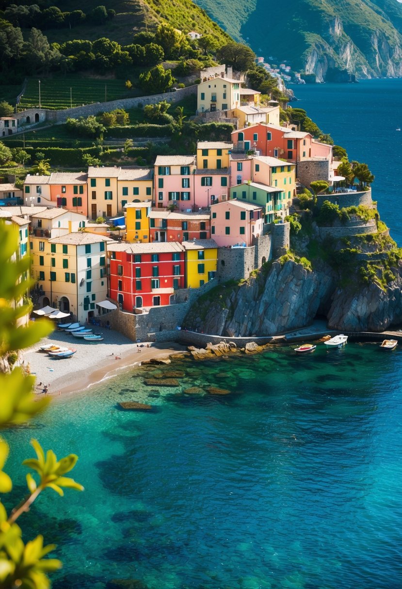 A serene coastal village in Cinque Terre, Italy, with colorful buildings nestled between lush green hills and overlooking the crystal-clear Mediterranean Sea