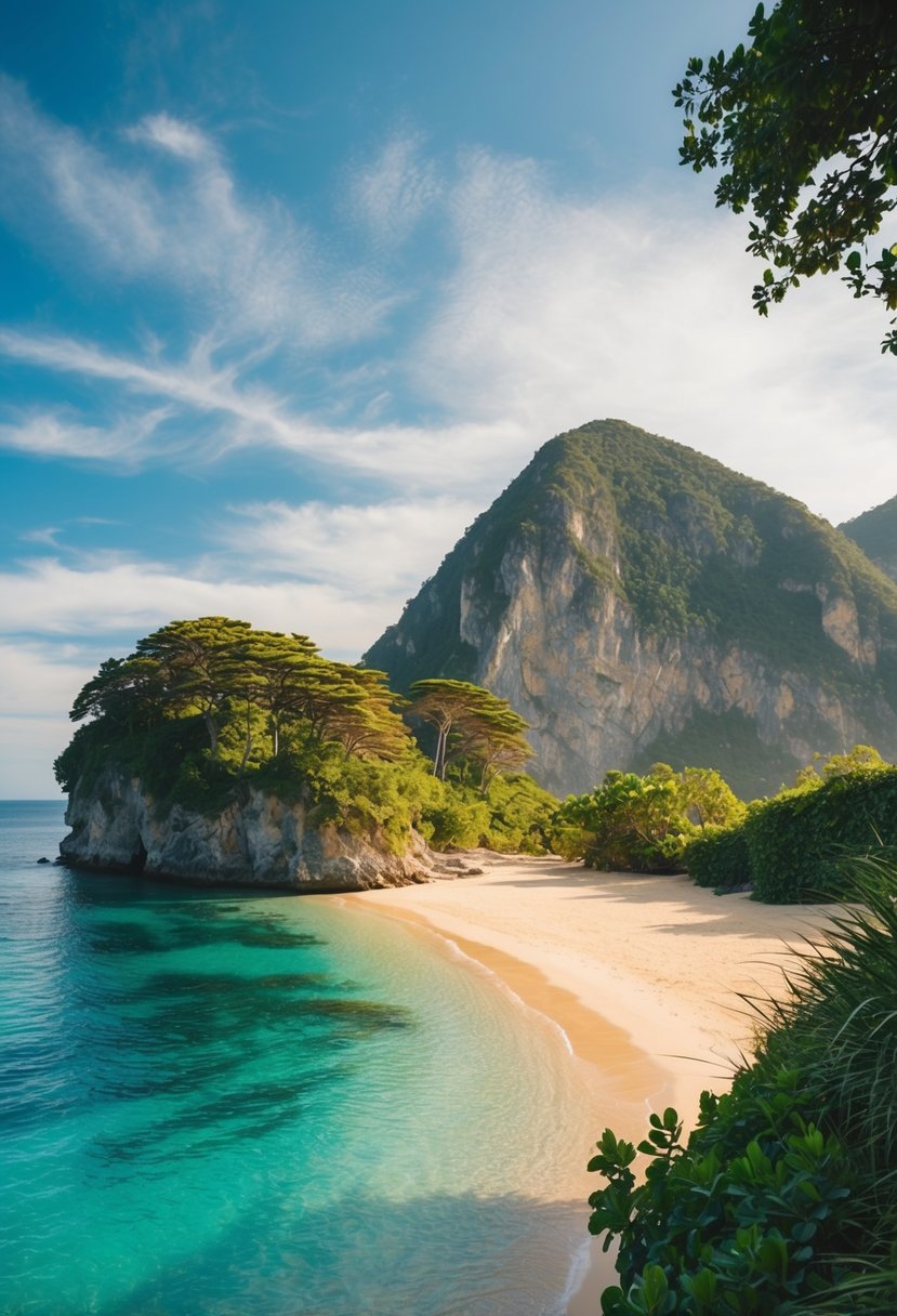 A tranquil beach cove with crystal-clear waters and lush greenery, surrounded by towering cliffs and a golden sandy shore