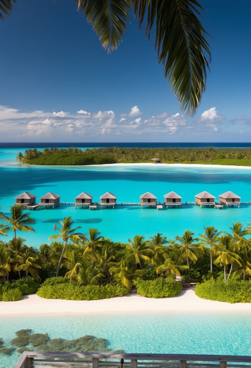 Crystal-clear lagoon surrounded by overwater bungalows, palm trees, and lush greenery on a secluded island in Bora Bora, French Polynesia